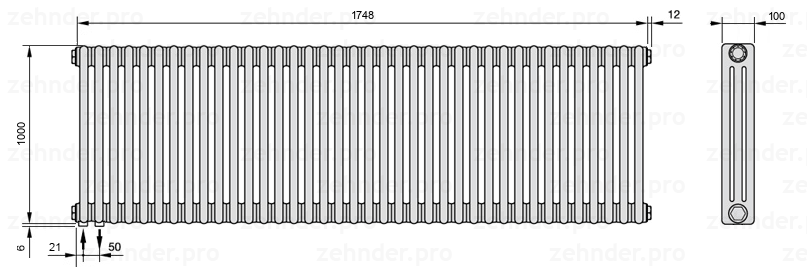 Схема (чертеж) Радиатор Zehnder Charleston 3100/38 №3370 Белый глянцевый RAL 9016